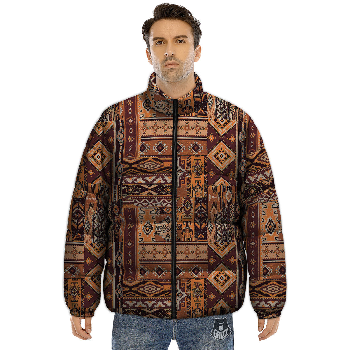 Patchwork Grunge Native American Print Pattern Puffer Jacket-grizzshop