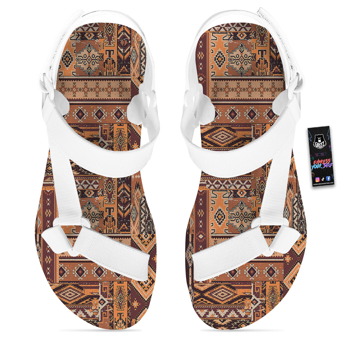 Patchwork Grunge Native American Print Pattern White Open Toe Sandals-grizzshop
