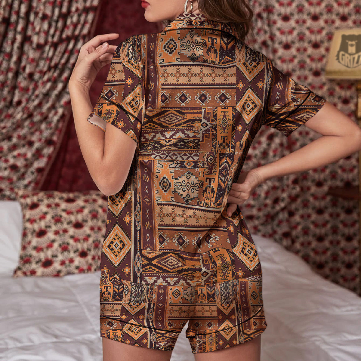 Patchwork Grunge Native American Print Pattern Women Silk Pajamas-grizzshop