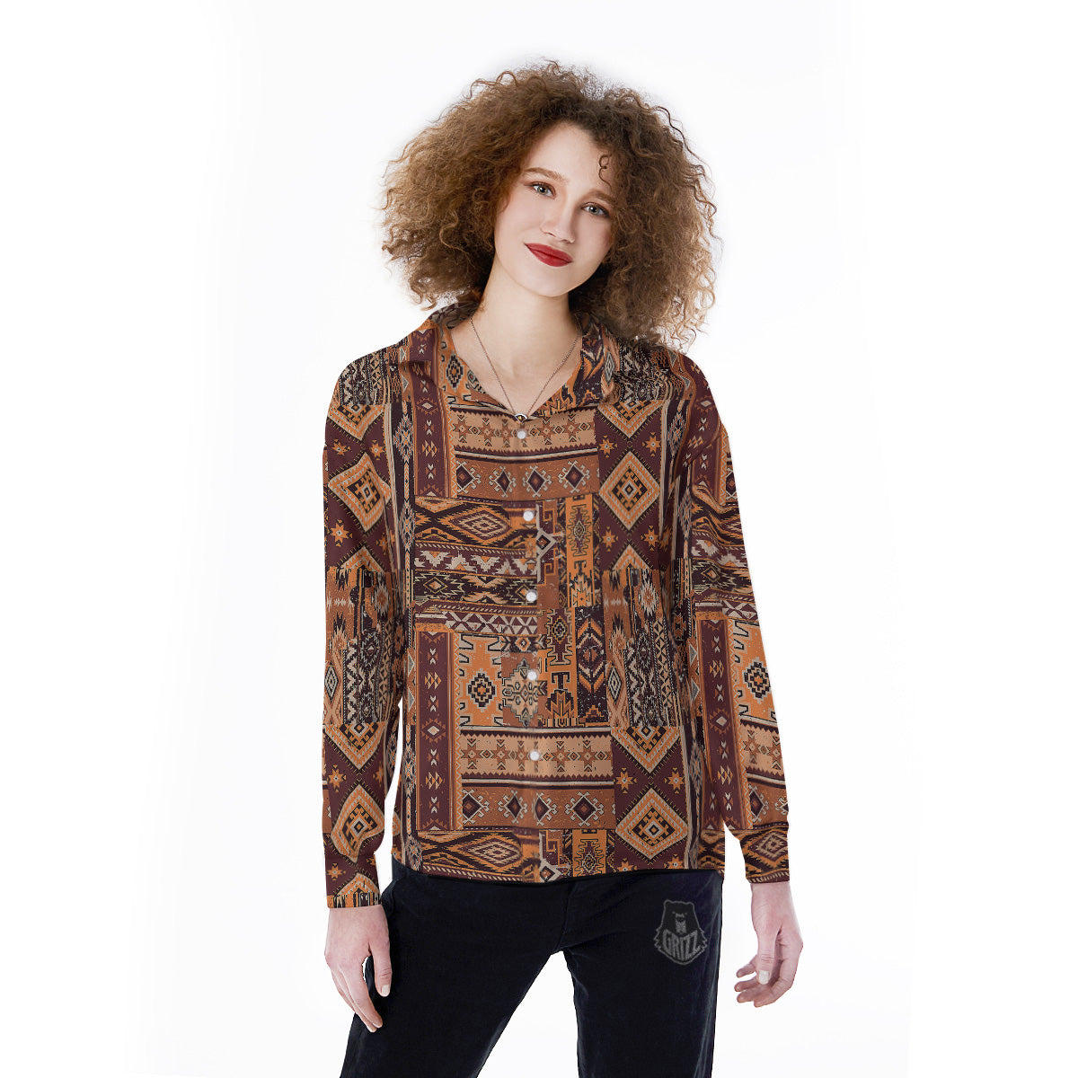 Patchwork Grunge Native American Print Pattern Women's Long Sleeve Shirts-grizzshop