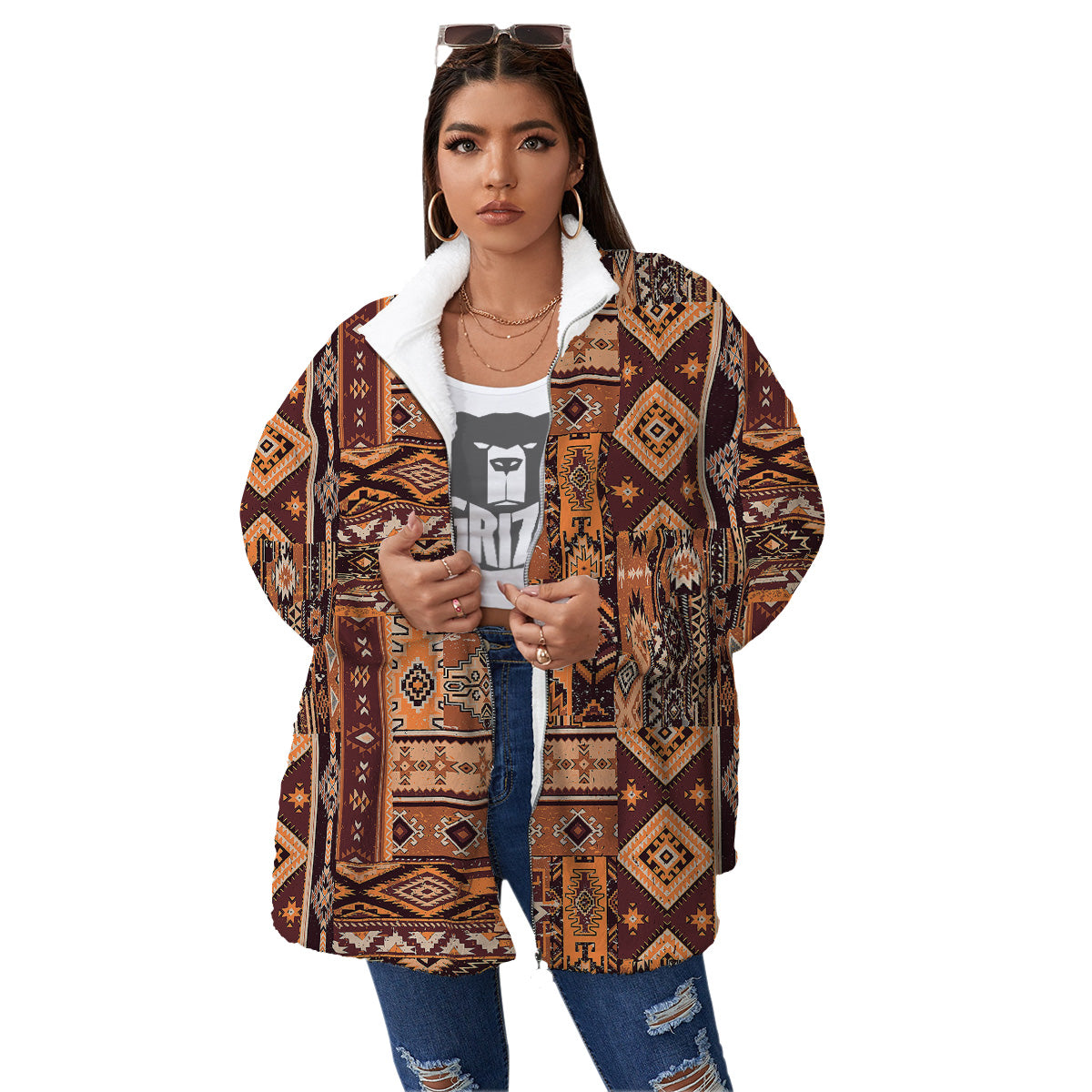 Patchwork Grunge Native American Print Pattern Women's Sherpa Jacket-grizzshop