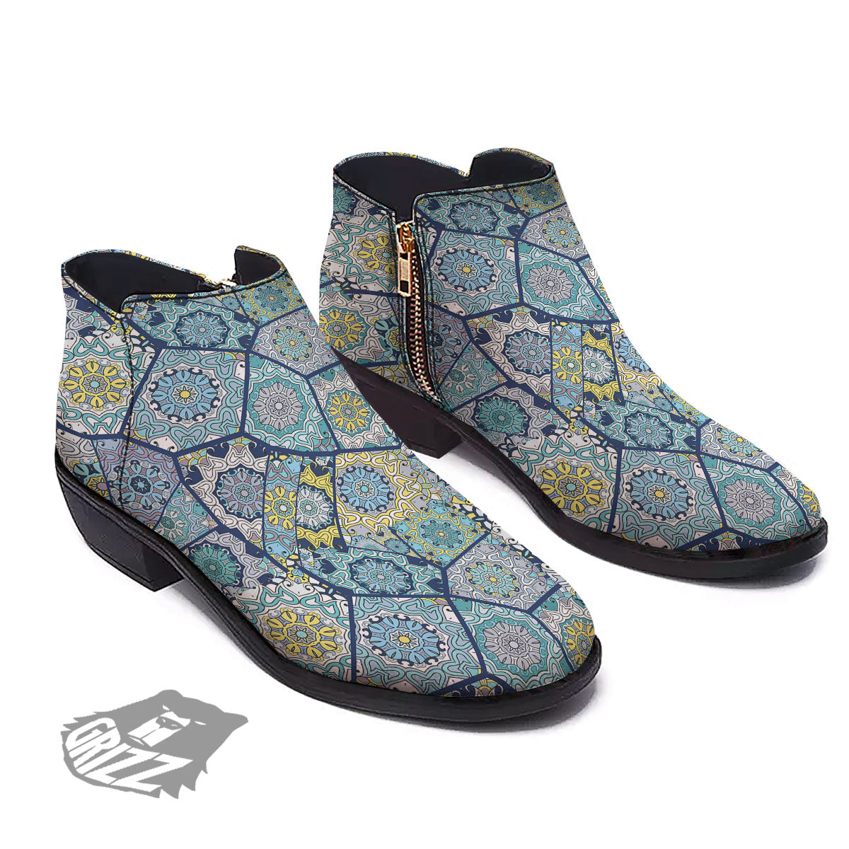 Patchwork Indian Floral Print Pattern Ankle Boots-grizzshop