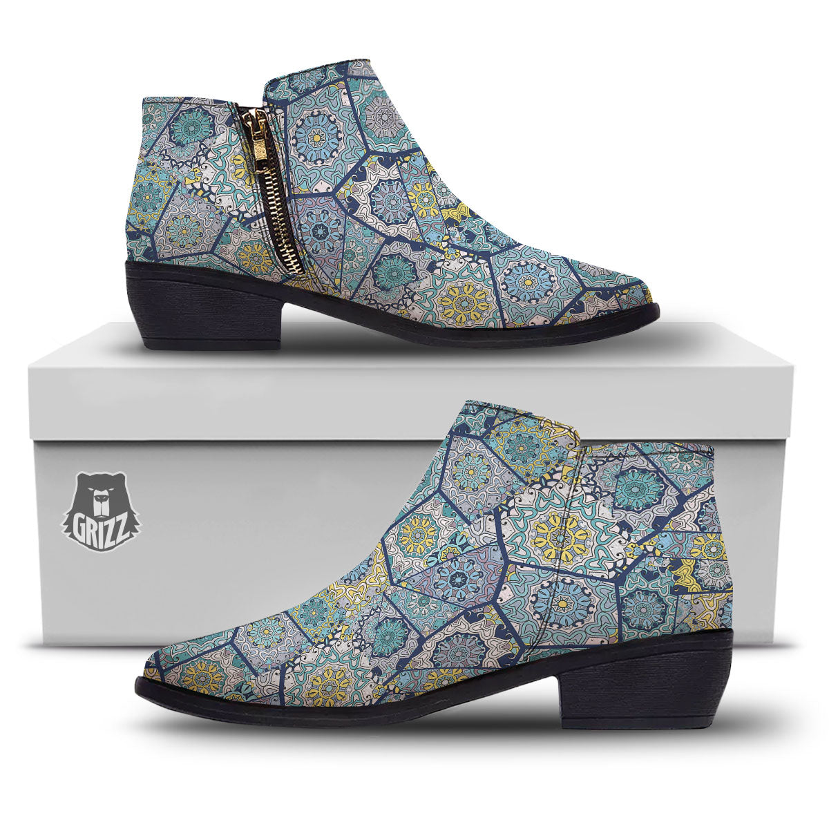 Patchwork Indian Floral Print Pattern Ankle Boots-grizzshop