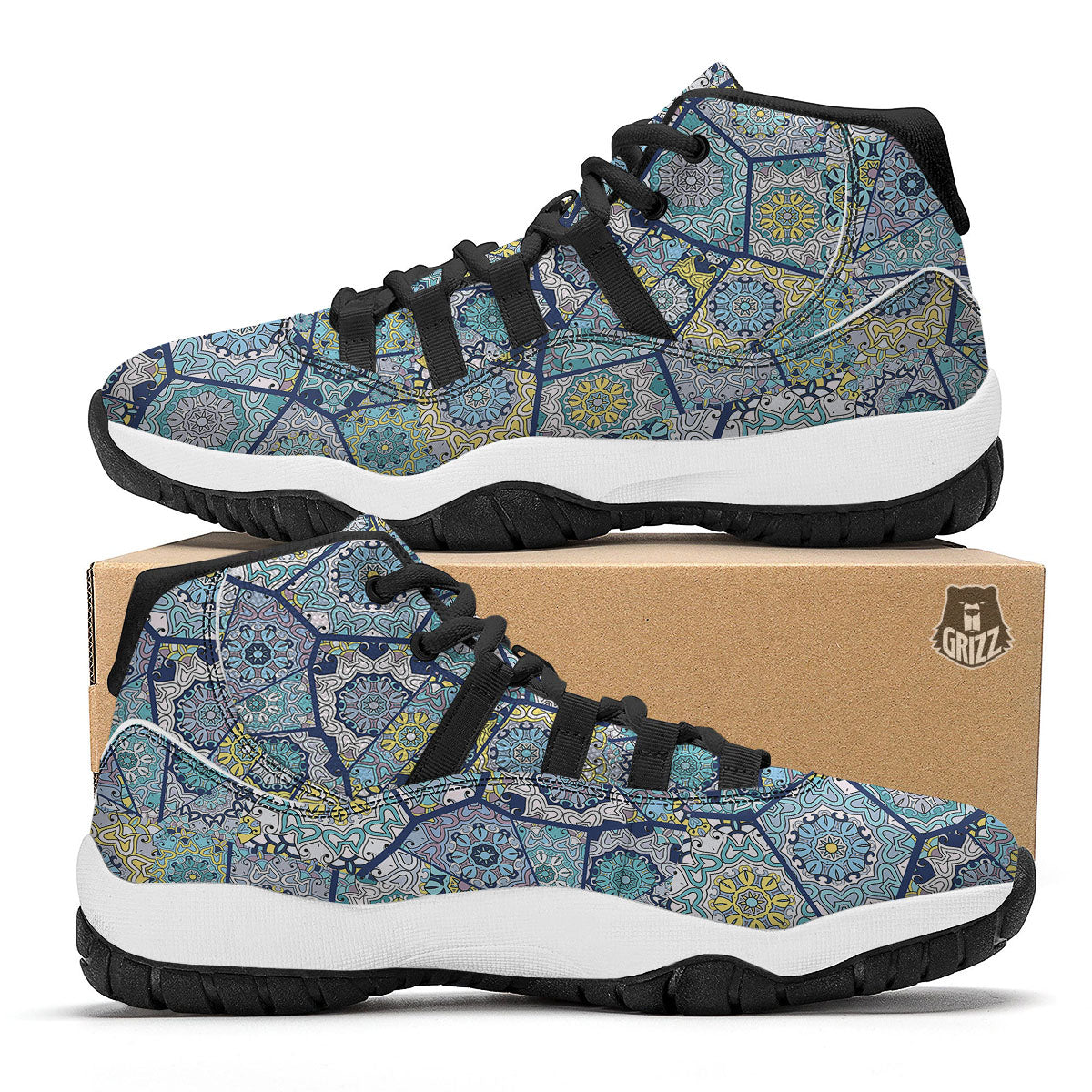 Patchwork Indian Floral Print Pattern Black Bball Shoes-grizzshop