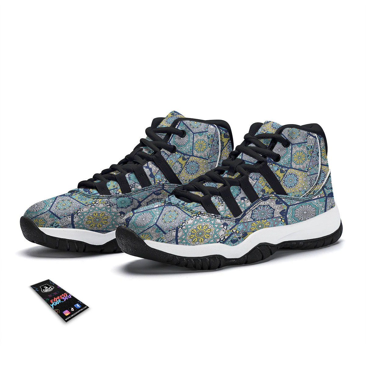 Patchwork Indian Floral Print Pattern Black Bball Shoes-grizzshop