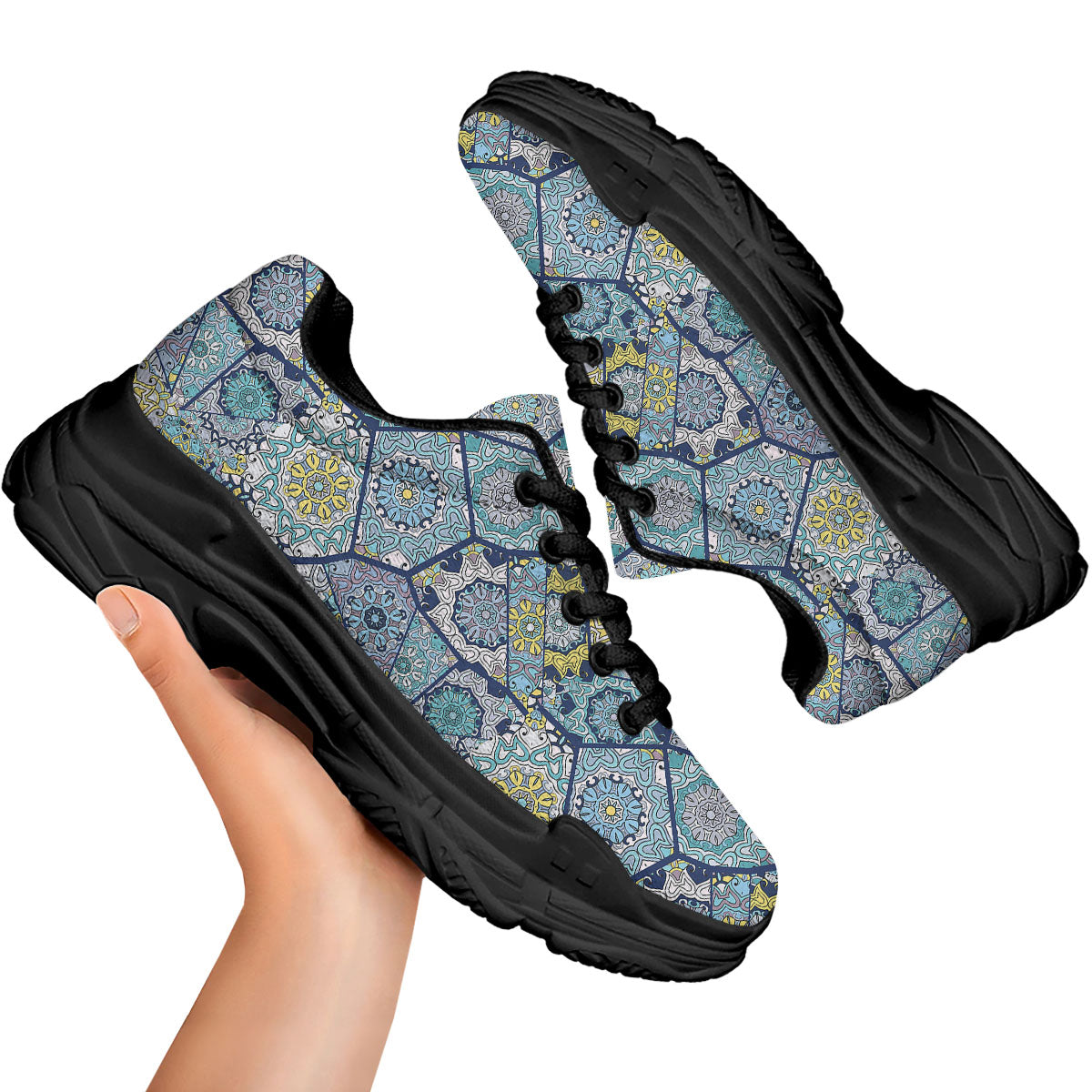Patchwork Indian Floral Print Pattern Black Chunky Shoes-grizzshop