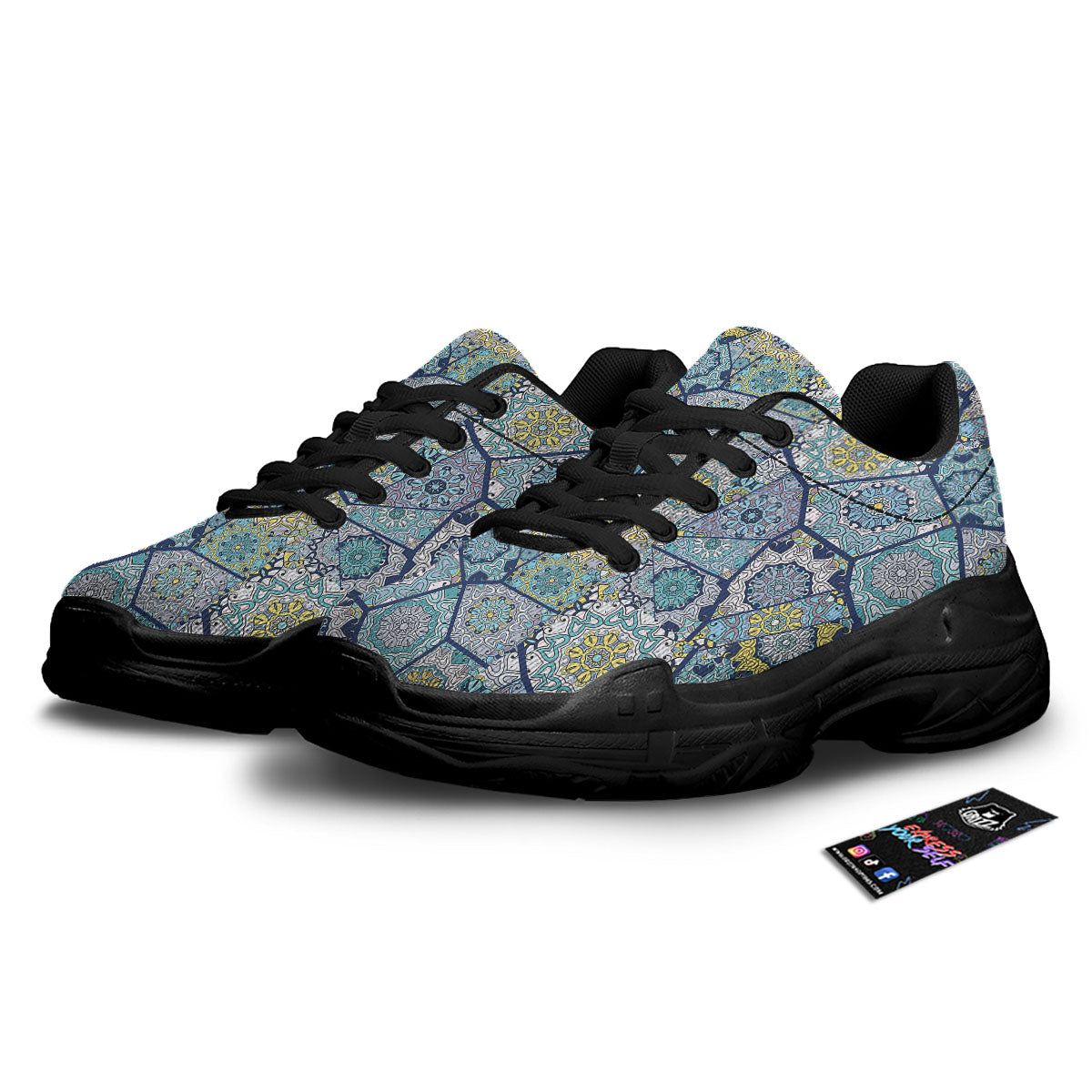 Patchwork Indian Floral Print Pattern Black Chunky Shoes-grizzshop