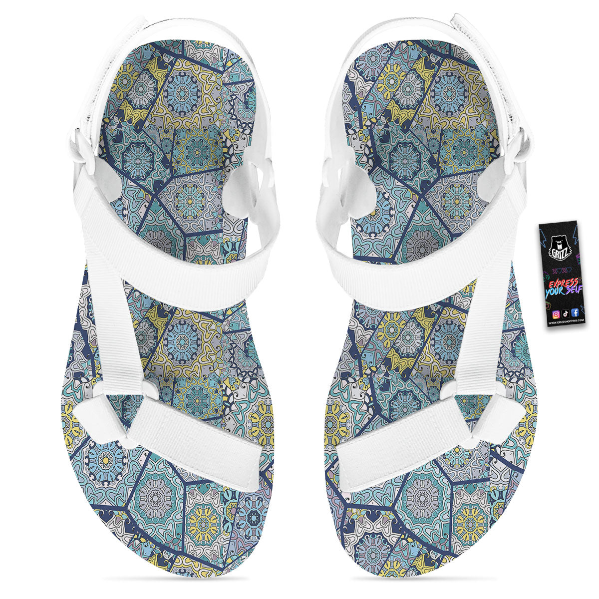 Patchwork Indian Floral Print Pattern White Open Toe Sandals-grizzshop