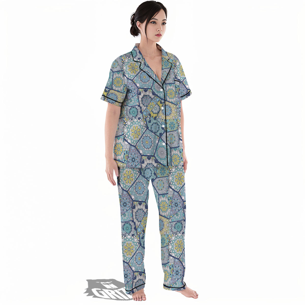Patchwork Indian Floral Print Pattern Women's Pajamas Set-grizzshop