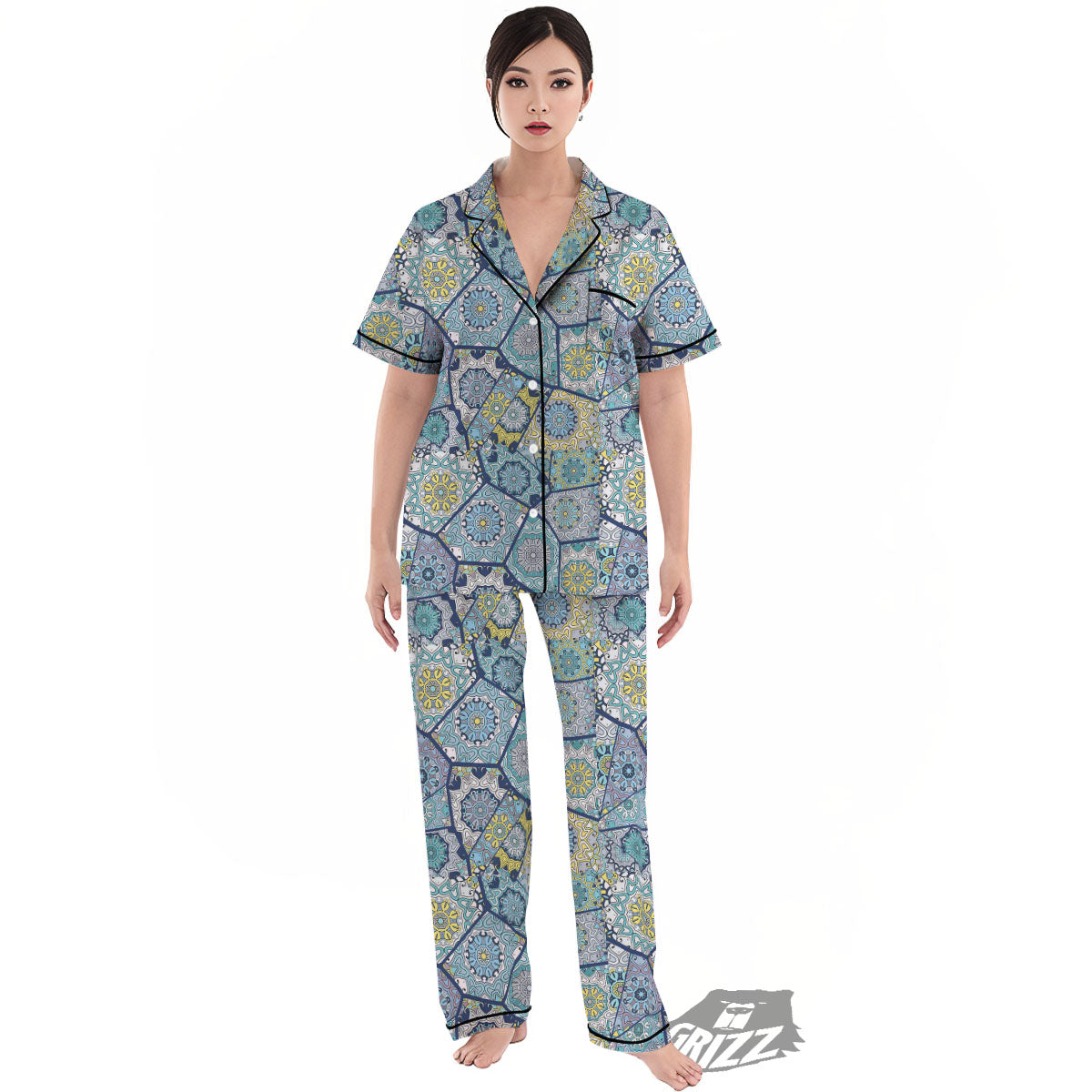 Patchwork Indian Floral Print Pattern Women's Pajamas Set-grizzshop