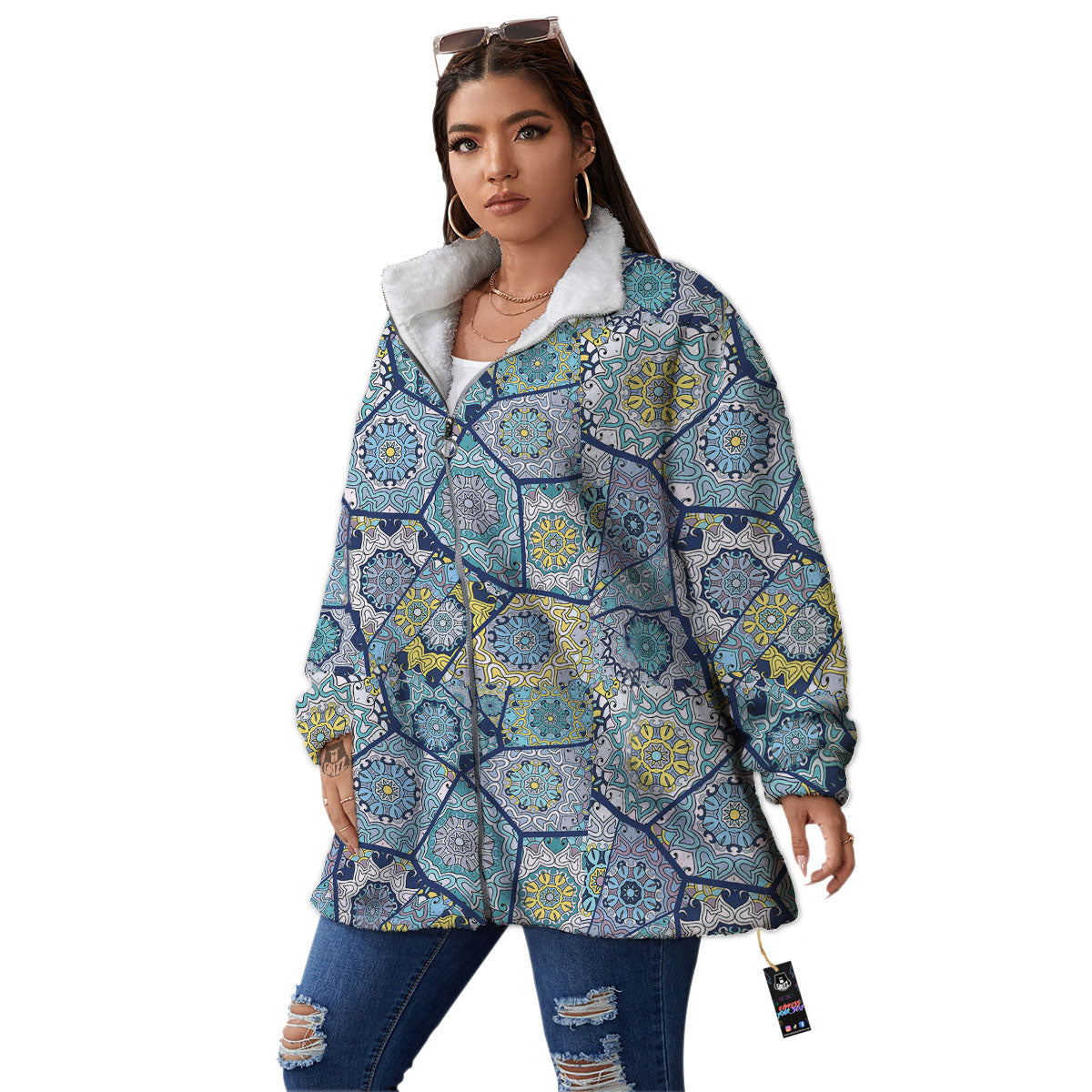 Patchwork Indian Floral Print Pattern Women's Sherpa Jacket-grizzshop