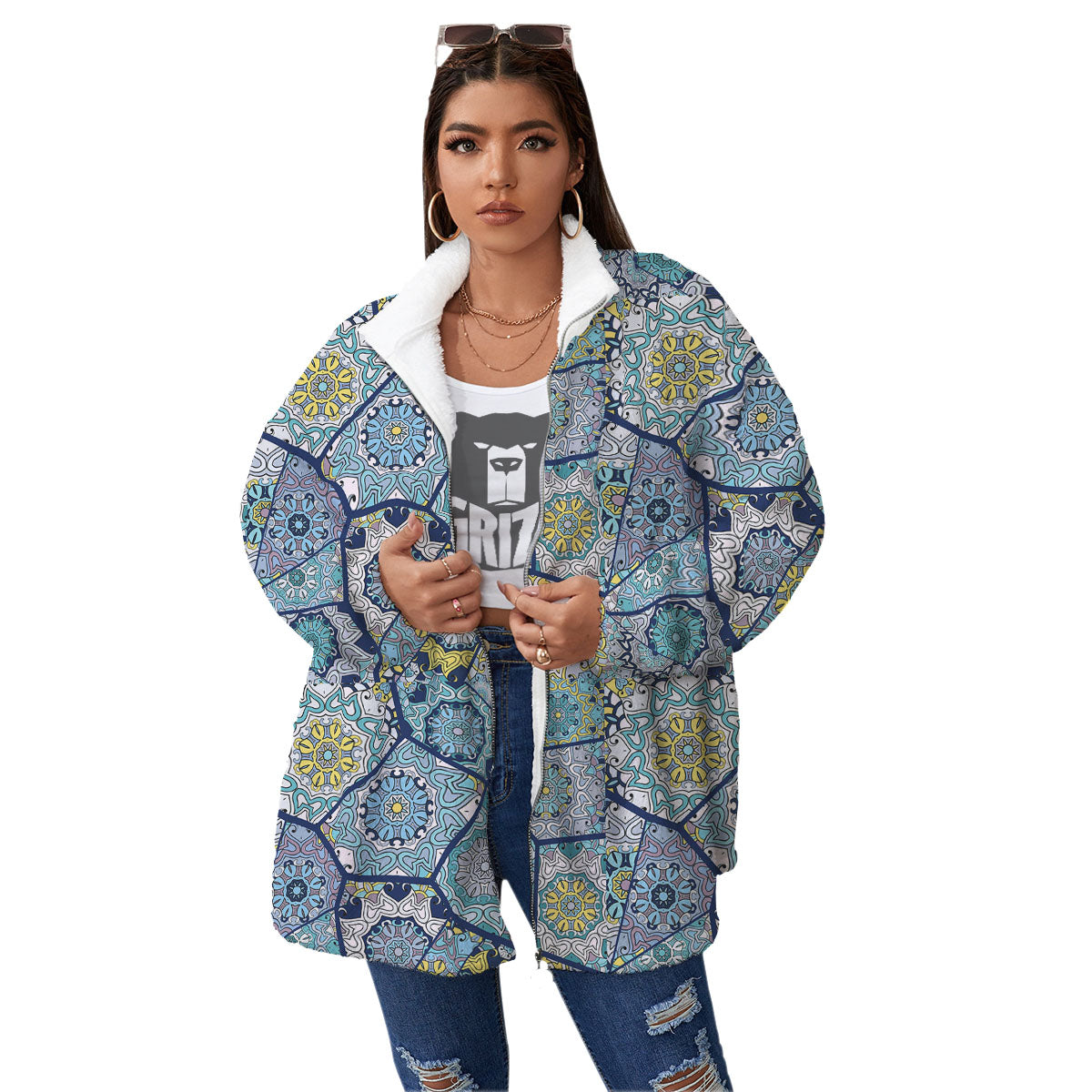 Patchwork Indian Floral Print Pattern Women's Sherpa Jacket-grizzshop
