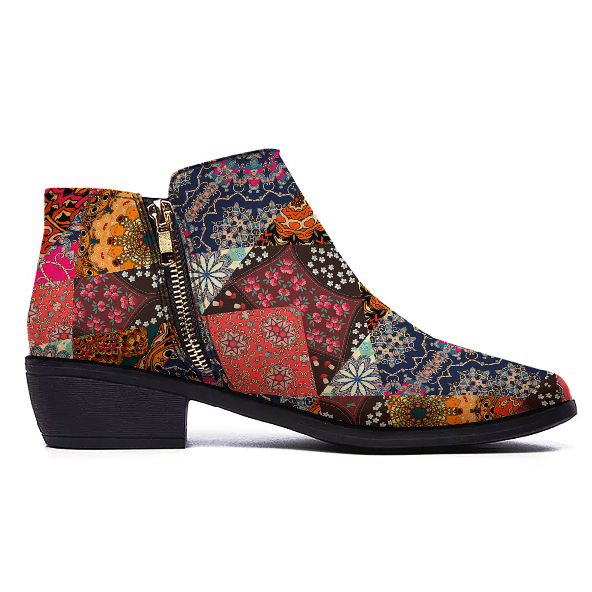 Patchwork Indian Flower Mandala Print Pattern Ankle Boots-grizzshop