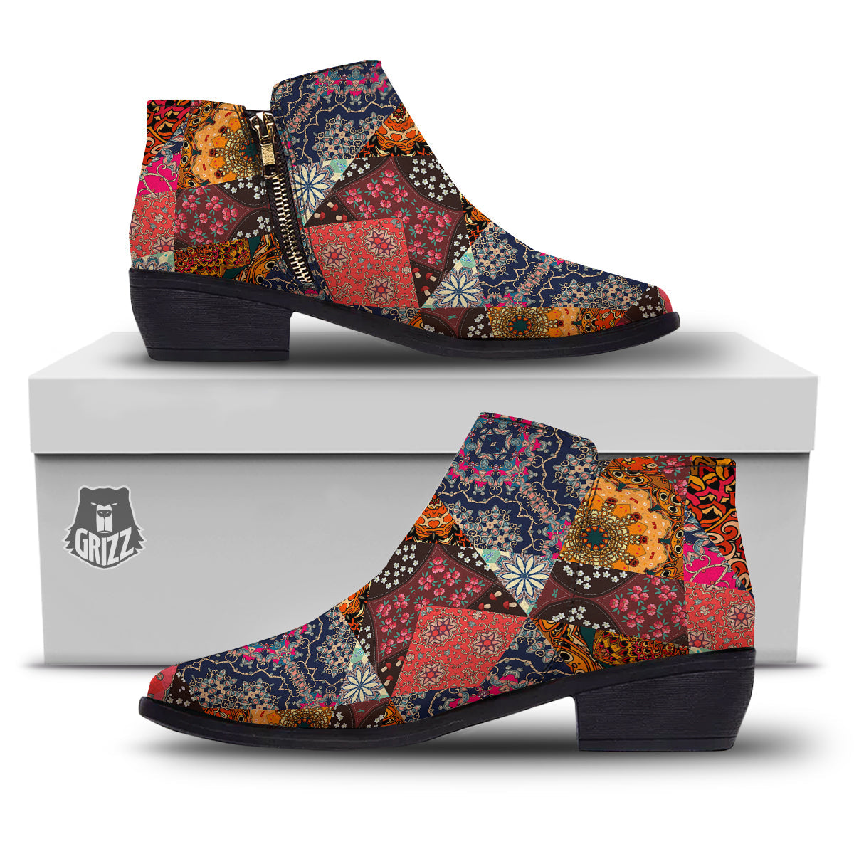 Patchwork Indian Flower Mandala Print Pattern Ankle Boots-grizzshop