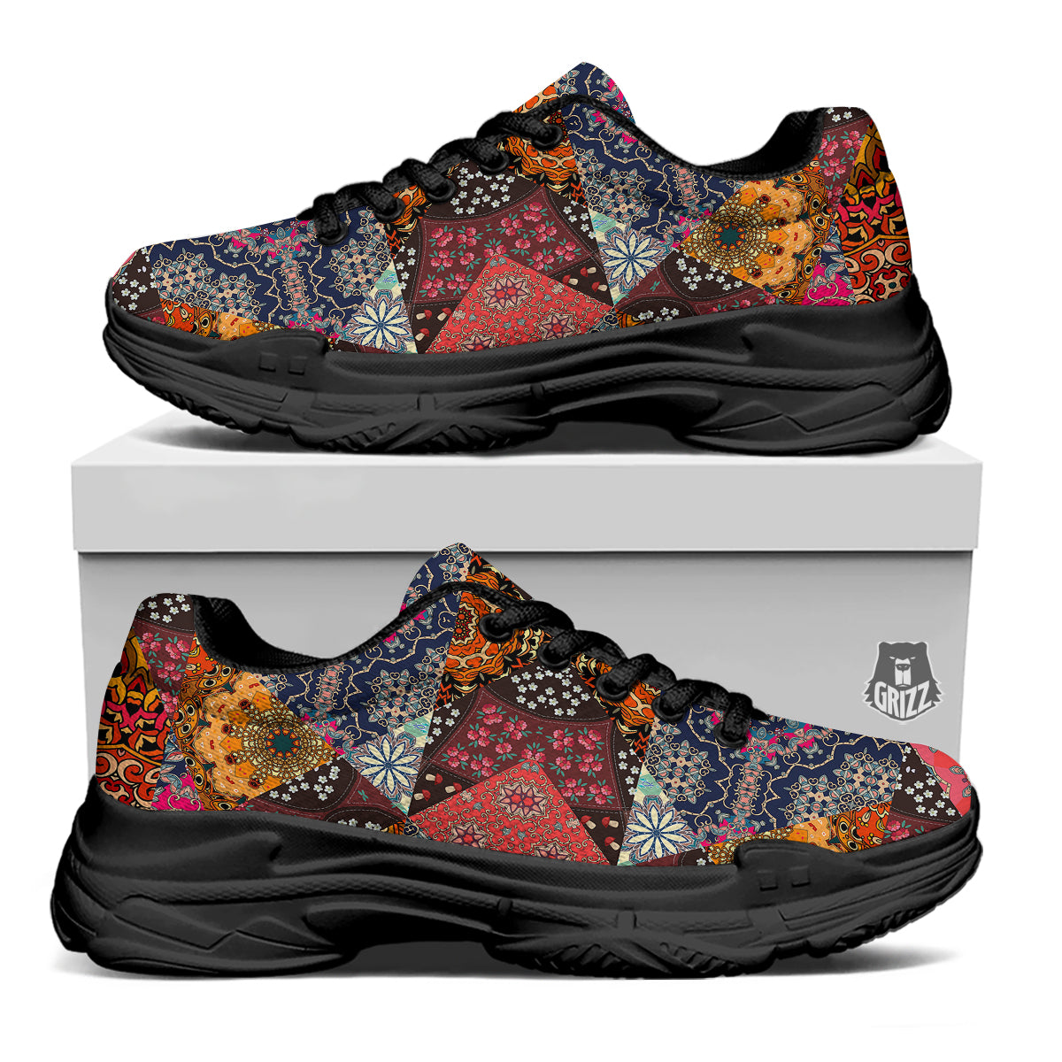 Patchwork Indian Flower Mandala Print Pattern Black Chunky Shoes-grizzshop