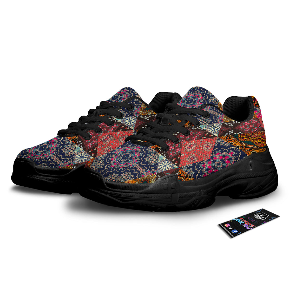 Patchwork Indian Flower Mandala Print Pattern Black Chunky Shoes-grizzshop