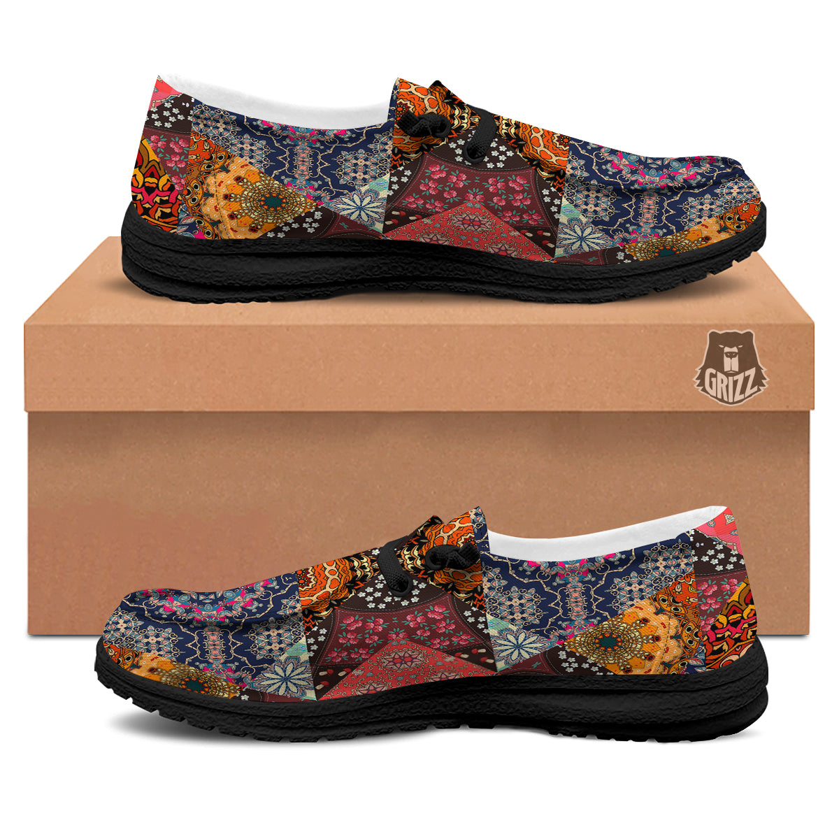 Patchwork Indian Flower Mandala Print Pattern Black Loafers-grizzshop