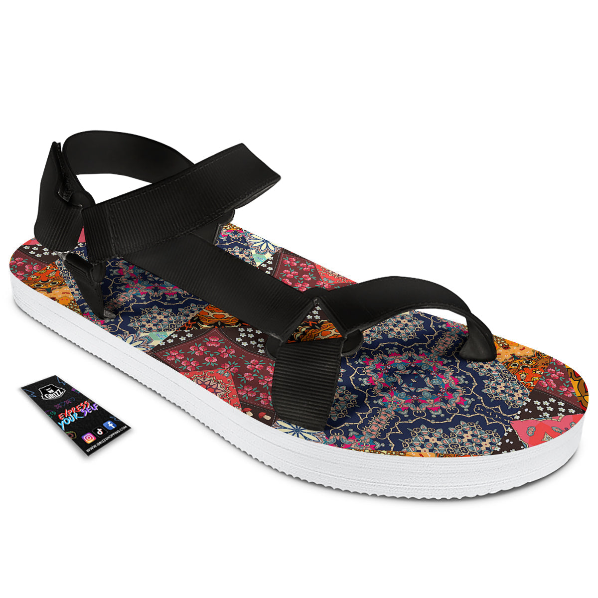 Patchwork Indian Flower Mandala Print Pattern Black Open Toe Sandals-grizzshop