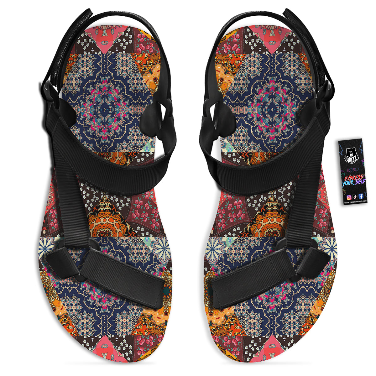 Patchwork Indian Flower Mandala Print Pattern Black Open Toe Sandals-grizzshop