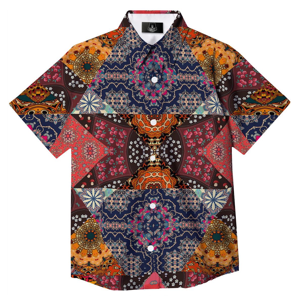Patchwork Indian Flower Mandala Print Pattern Button Up Shirt-grizzshop