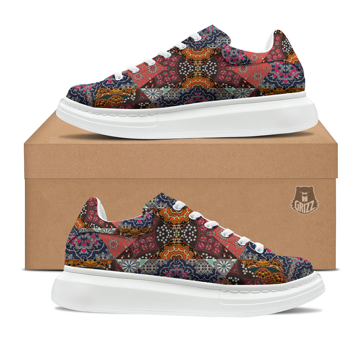 Patchwork Indian Flower Mandala Print Pattern Platform Shoes-grizzshop