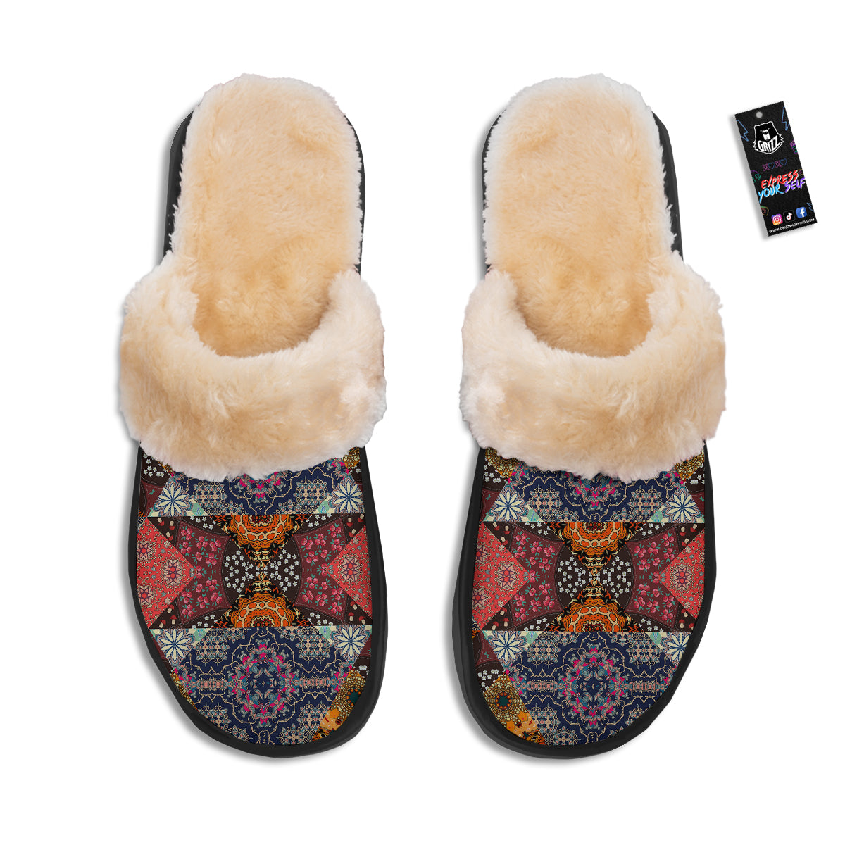 Patchwork Indian Flower Mandala Print Pattern Slippers-grizzshop