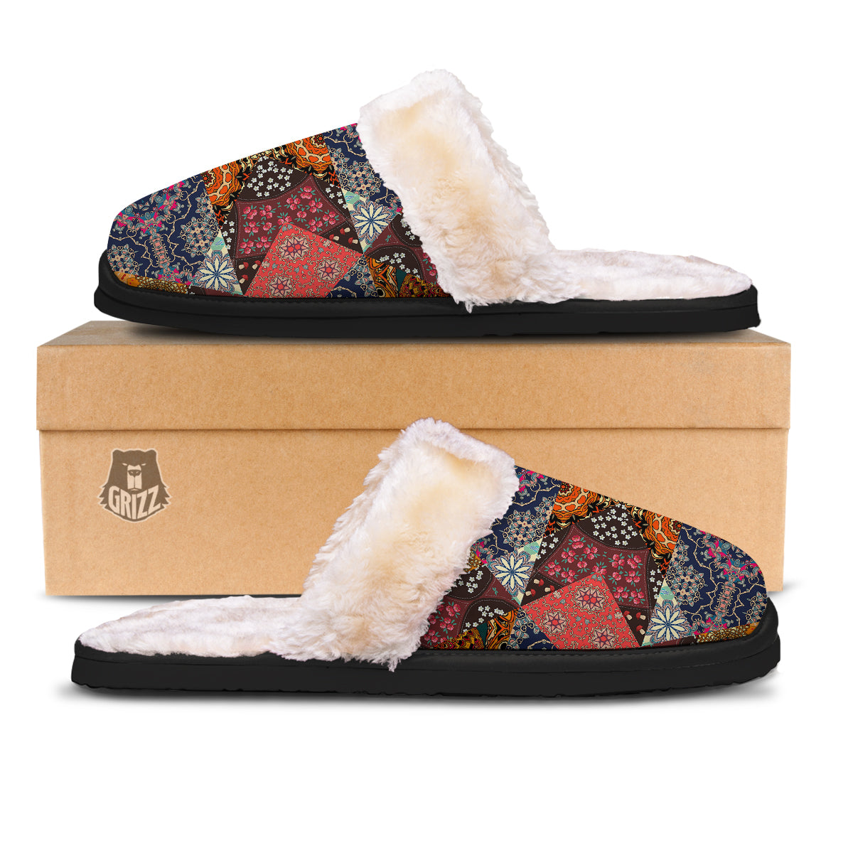 Patchwork Indian Flower Mandala Print Pattern Slippers-grizzshop