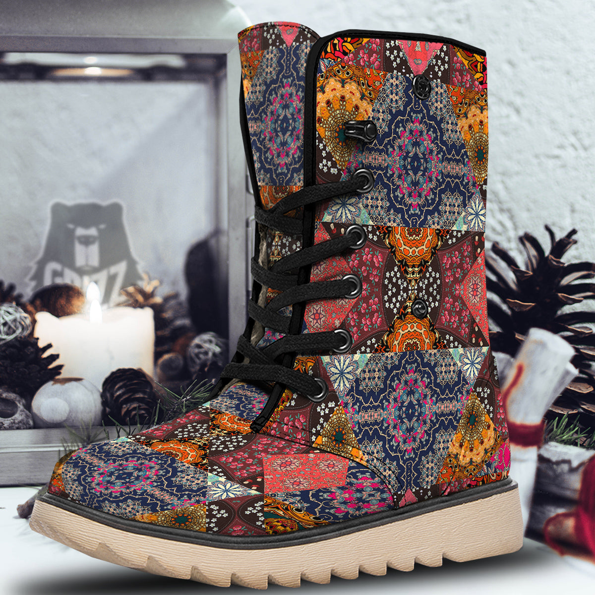 Patchwork Indian Flower Mandala Print Pattern Snow Boots-grizzshop
