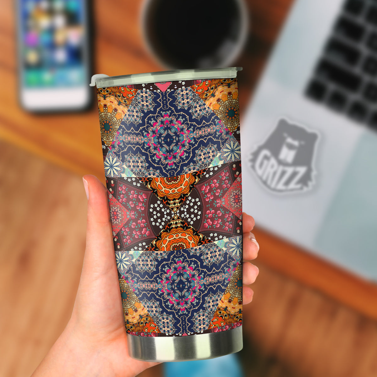 Patchwork Indian Flower Mandala Print Pattern Tumbler-grizzshop