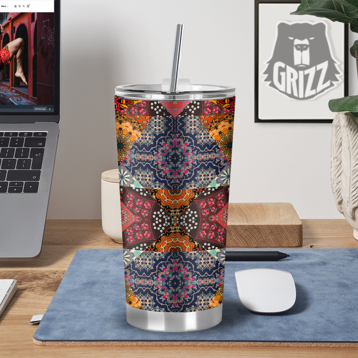 Patchwork Indian Flower Mandala Print Pattern Tumbler-grizzshop
