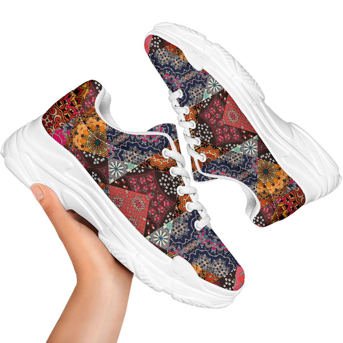 Patchwork Indian Flower Mandala Print Pattern White Chunky Shoes-grizzshop