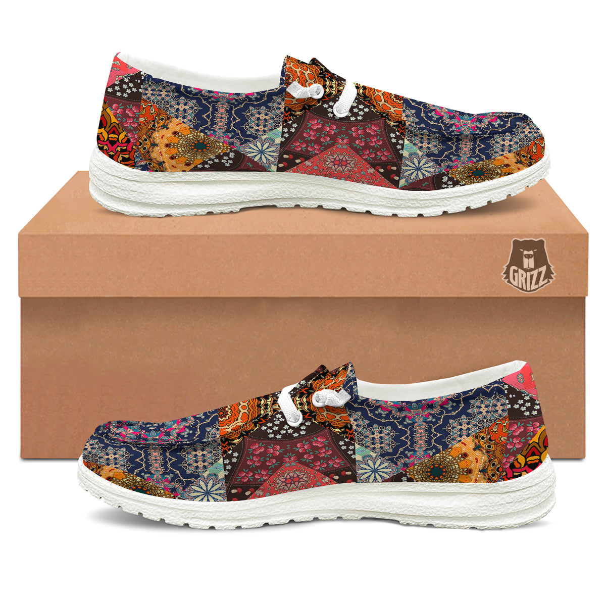 Patchwork Indian Flower Mandala Print Pattern White Loafers-grizzshop