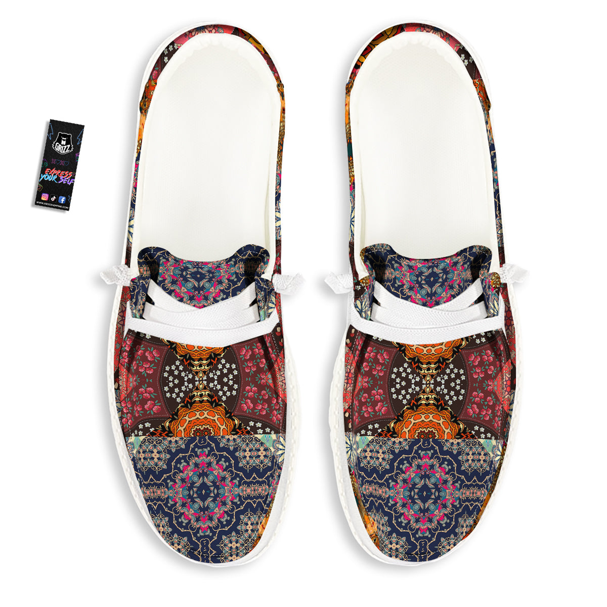 Patchwork Indian Flower Mandala Print Pattern White Loafers-grizzshop