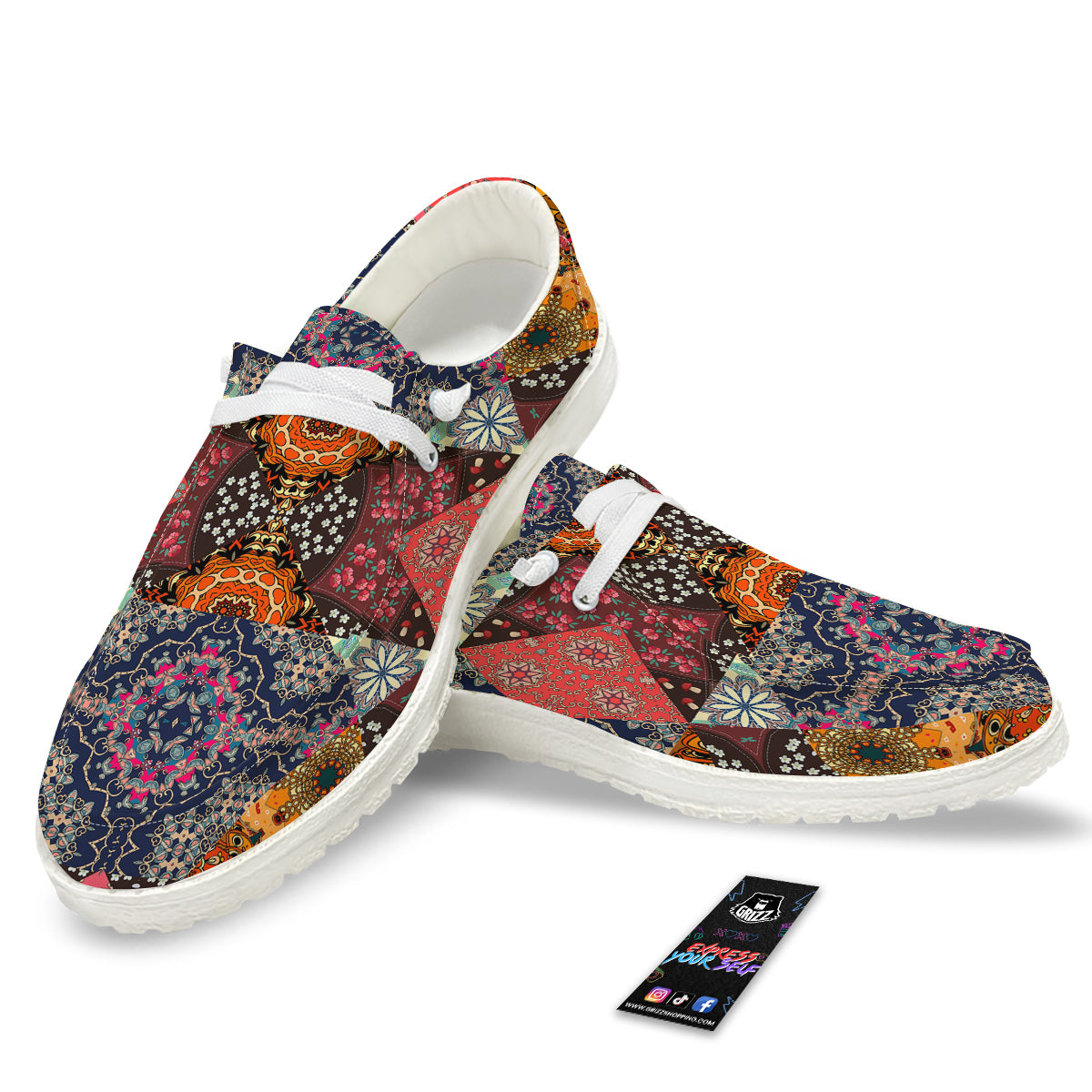 Patchwork Indian Flower Mandala Print Pattern White Loafers-grizzshop