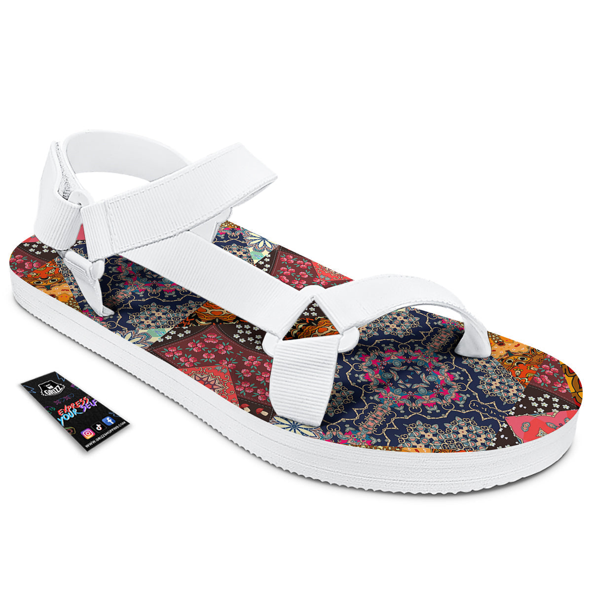 Patchwork Indian Flower Mandala Print Pattern White Open Toe Sandals-grizzshop