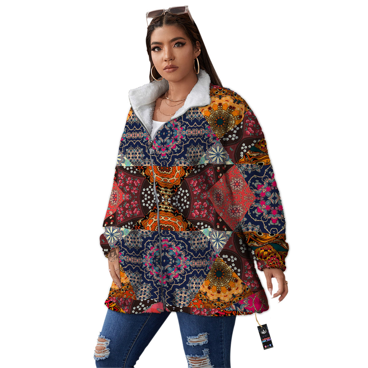 Patchwork Indian Flower Mandala Print Pattern Women's Sherpa Jacket-grizzshop
