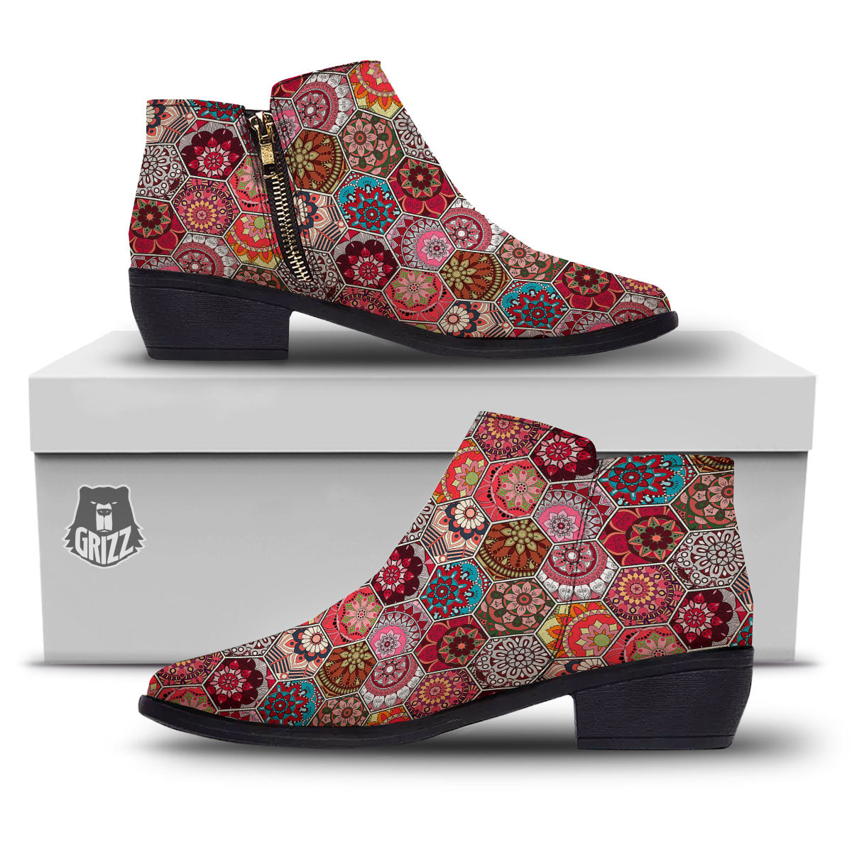 Patchwork Indian Print Pattern Ankle Boots-grizzshop