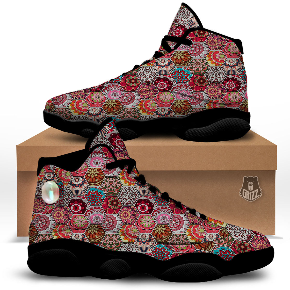 Patchwork Indian Print Pattern Black Basketball Shoes-grizzshop