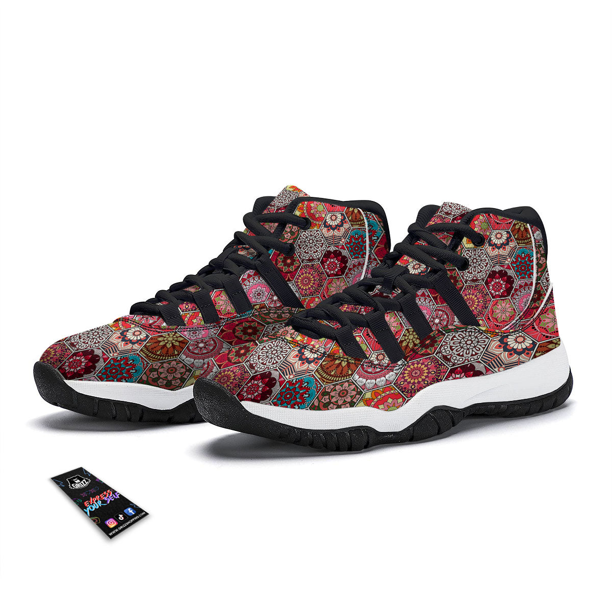 Patchwork Indian Print Pattern Black Bball Shoes-grizzshop
