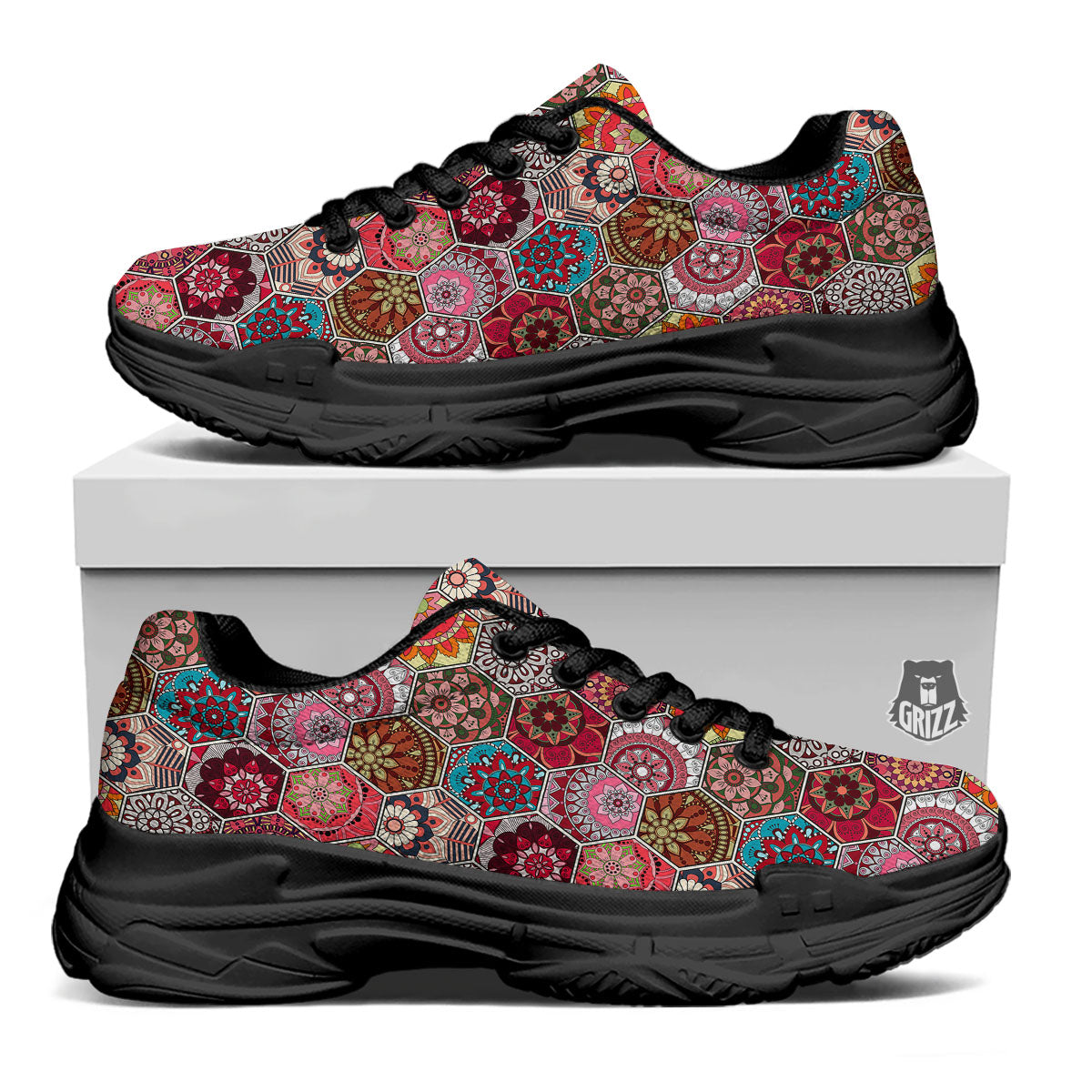 Patchwork Indian Print Pattern Black Chunky Shoes-grizzshop