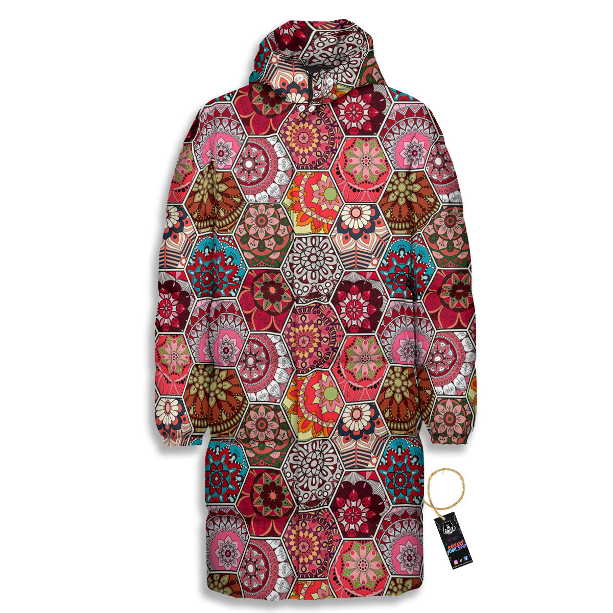 Patchwork Indian Print Pattern Long Down Jacket-grizzshop