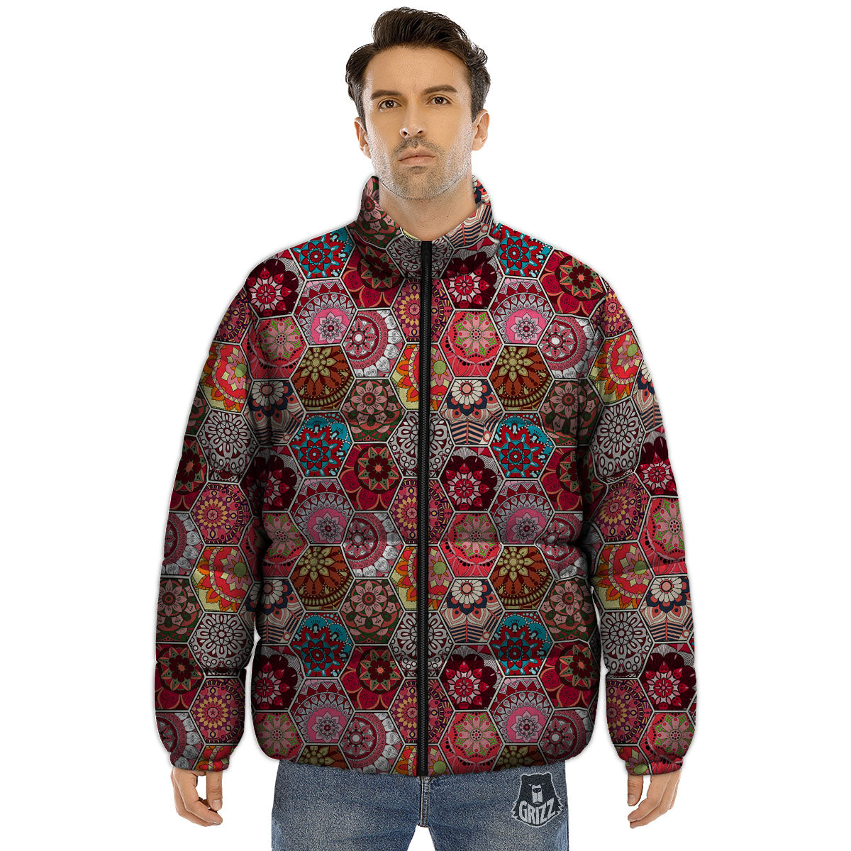 Patchwork Indian Print Pattern Puffer Jacket-grizzshop