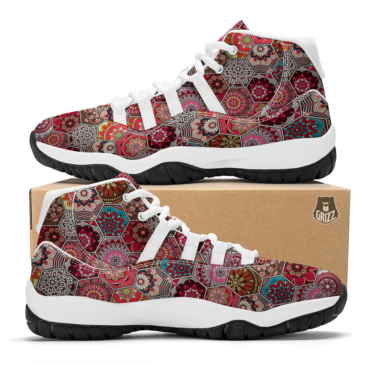 Patchwork Indian Print Pattern White Bball Shoes-grizzshop