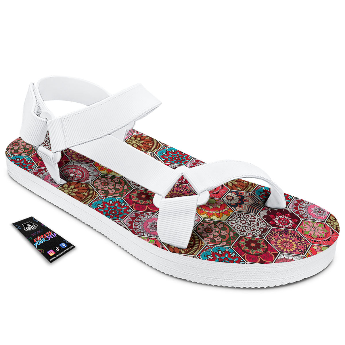 Patchwork Indian Print Pattern White Open Toe Sandals-grizzshop