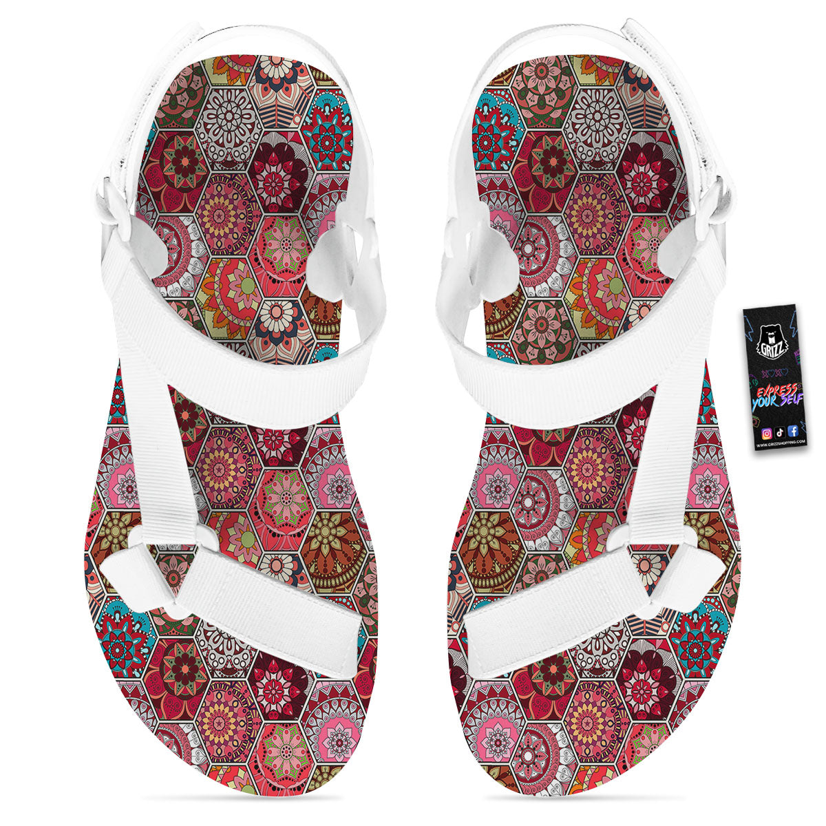 Patchwork Indian Print Pattern White Open Toe Sandals-grizzshop