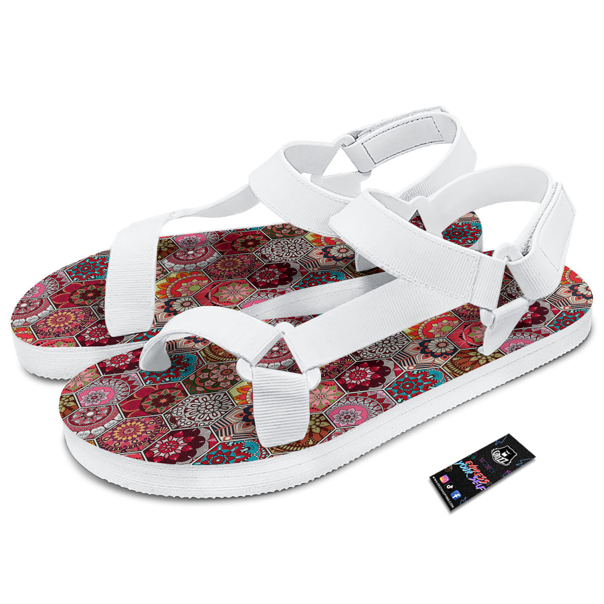 Patchwork Indian Print Pattern White Open Toe Sandals-grizzshop