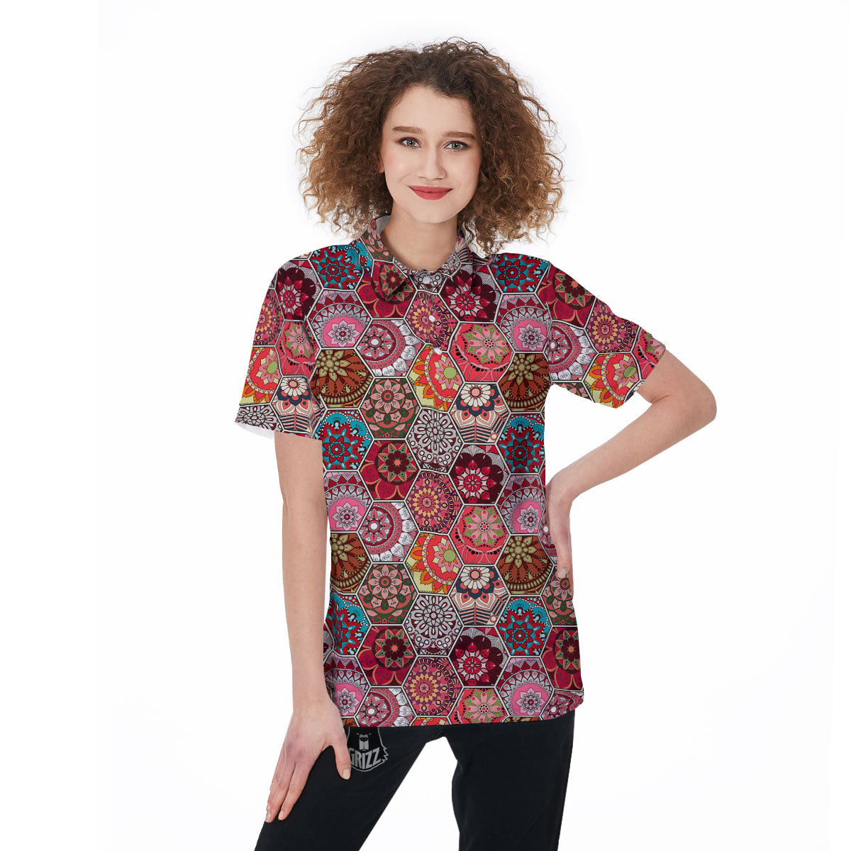 Patchwork Indian Print Pattern Women's Golf Shirts-grizzshop