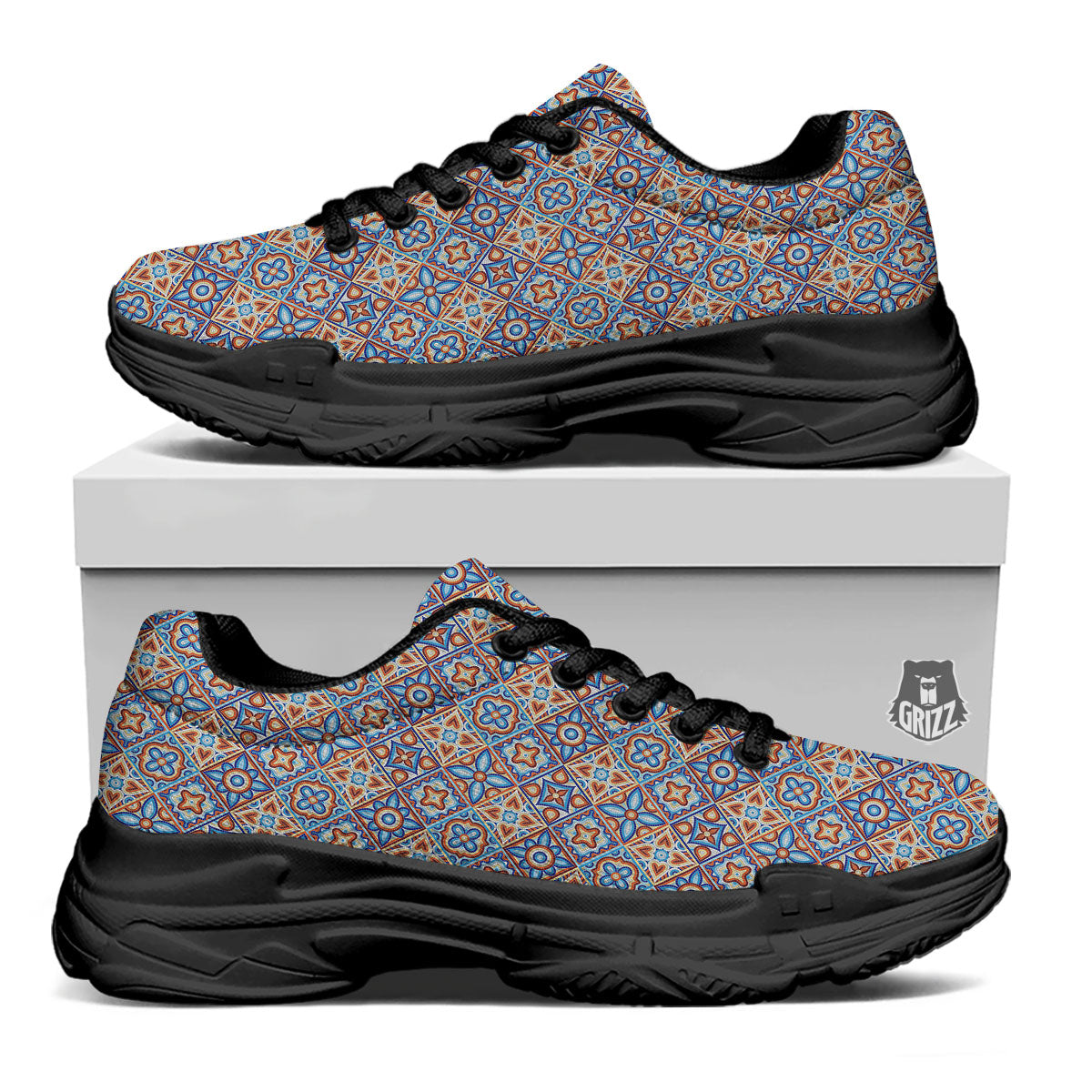 Patchwork Mosaic Print Pattern Black Chunky Shoes-grizzshop