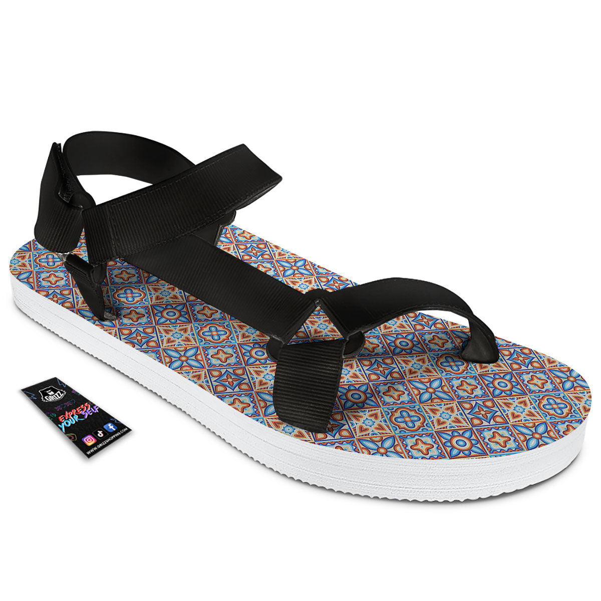 Patchwork Mosaic Print Pattern Black Open Toe Sandals-grizzshop