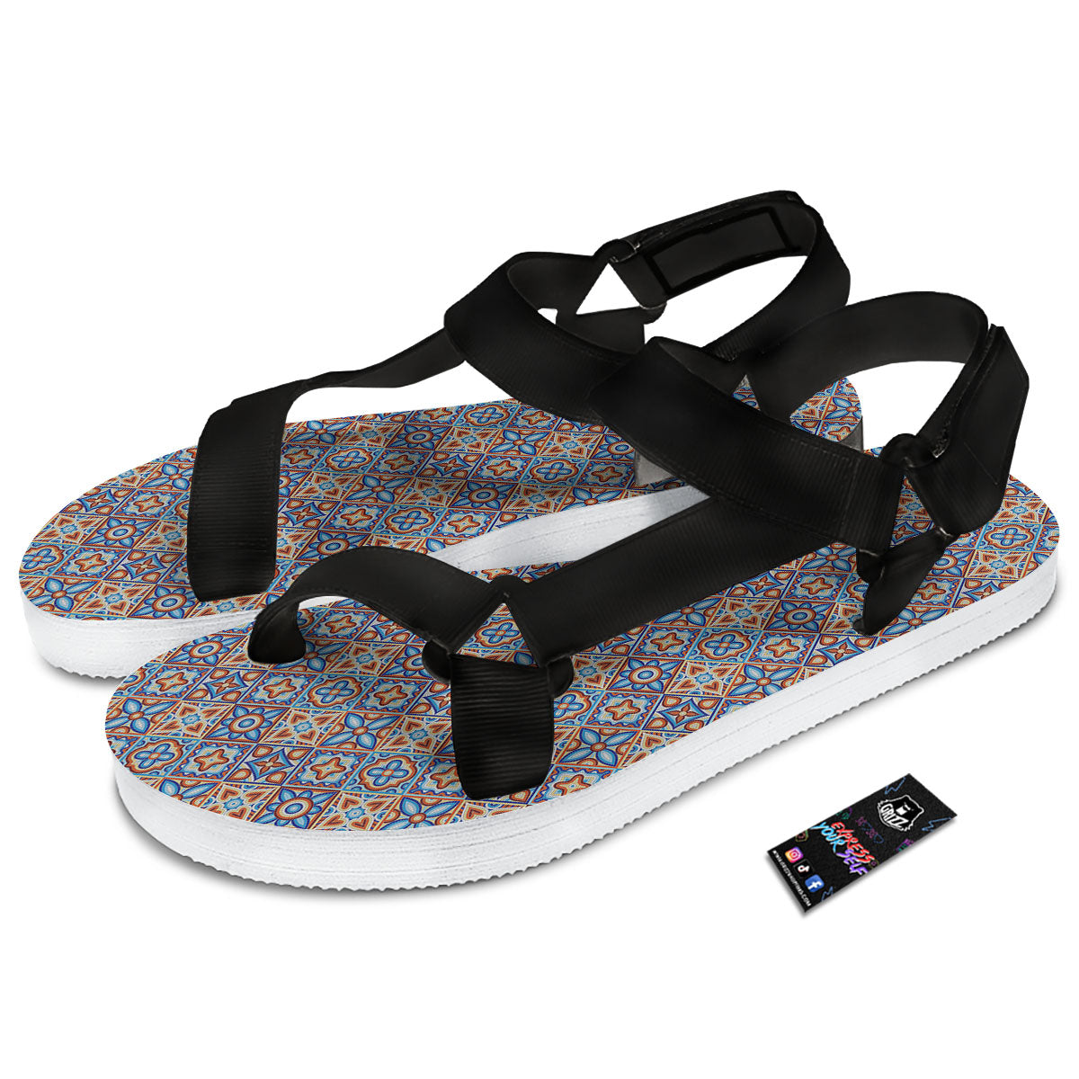 Patchwork Mosaic Print Pattern Black Open Toe Sandals-grizzshop